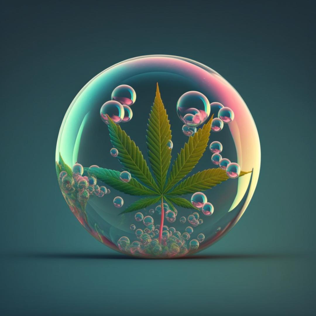 rappresentazione creativa della cannabis legale bubble gum da lcolore cristallino e dall'aroma dolce. Ideale per il relax e la meditazione.